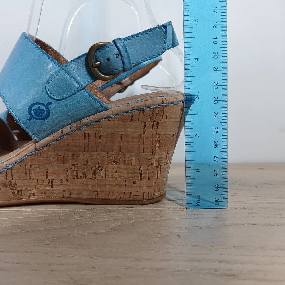 Born Wedge Sandals Womens 8 Blue Leather Cork Platform Slingback Opanka Strappy